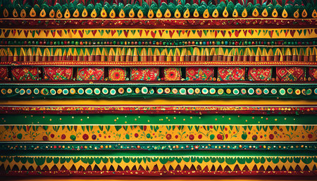 A close-up shot of Indian intricate ornamentation featuring a vibrant and colorful geometric patternの写真素材