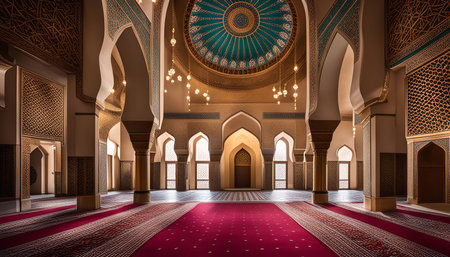 The interior of a mosque, showing intricate details, arches, and a grand dome.の写真素材