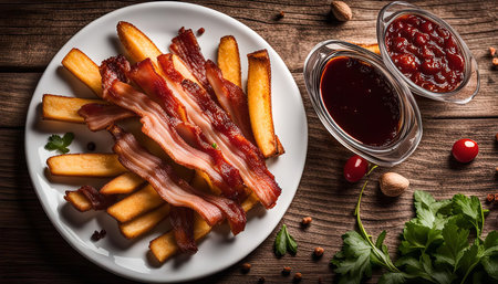 A close-up shot of a plate of crispy bacon and french fries with dipping sauces on a rustic wooden background.の写真素材
