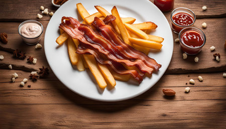 Close up of a white plate with crispy fries and bacon on a rustic wooden table.の写真素材