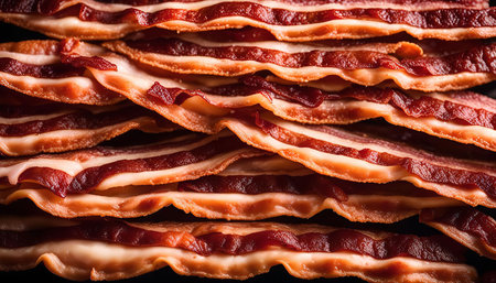 A close-up shot of a stack of crispy bacon strips, showing the texture and color of the cooked meat.の写真素材