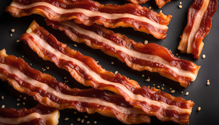 Close up shot of crispy bacon strips on a black surface. Perfect for breakfast, lunch, or snack.の写真素材