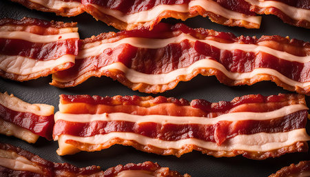 Close up shot of crispy bacon strips. The bacon has a slight reddish hue with crispy edges.の写真素材