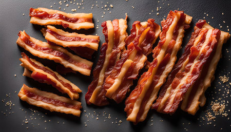 A plate of crispy bacon strips on a black backgroundの写真素材