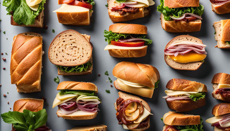A close up top down shot of a variety of gourmet sandwiches, with a focus on their tasty ingredients.の写真素材