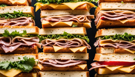 Close up of several layered sandwiches with ham, cheese, lettuce and tomato on a dark background.の写真素材