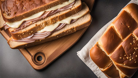 A close-up shot of a ham and cheese sandwich on a wooden cutting board, alongside some delicious...