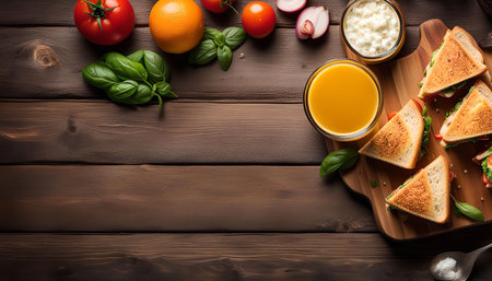 A delicious spread of sandwiches, juice, and fresh ingredients on a rustic wooden table. Perfect for a refreshing and healthy meal.の写真素材