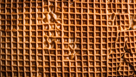 A close-up view of a waffle's texture, showing its crispy and golden squares.の写真素材