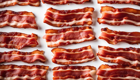 A flat lay of crispy bacon strips arranged in rows on a white background.の写真素材