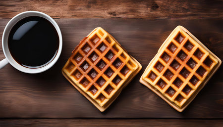 Close up of two golden waffles and a cup of coffee on a wooden table, a delicious breakfast or snack.の写真素材