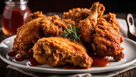Close-up of crispy fried chicken pieces covered in barbecue sauce on a white plate.の写真素材