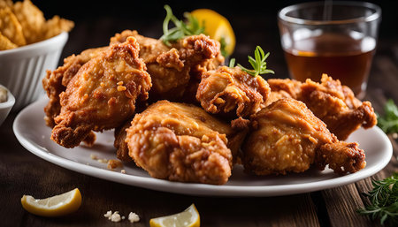 Close-up image of fried chicken on a white plateの写真素材