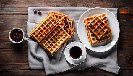 A mouthwatering image of a breakfast of waffles with berries and coffee, a delicious and satisfying meal.の写真素材