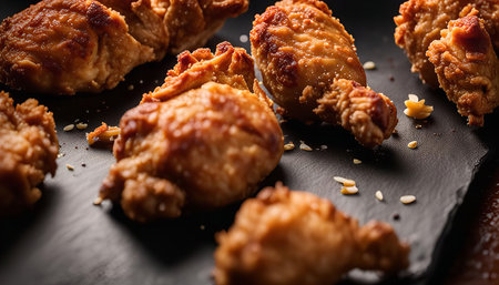 Close-up of golden brown, crispy fried chicken pieces on a black slate plate. The chicken is freshly cooked and looks delicious.の写真素材