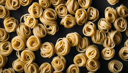 A close-up shot of uncooked paste on a black surface. The pasta is arranged in a random pattern,...