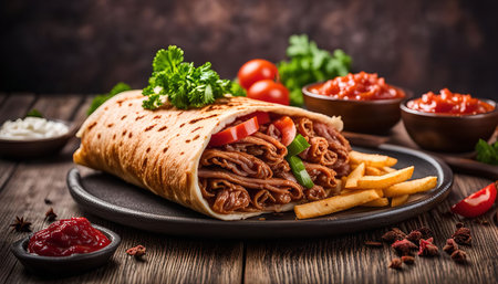 A mouthwatering doner kebab wrap filled with juicy meat, fresh vegetables, and a tangy sauce. The wrap is served with a side of crispy fries and is perfect for a quick and delicious meal.の写真素材