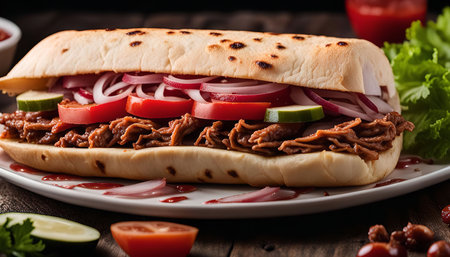 A mouthwatering pulled pork sandwich filled with fresh tomato, red onion, cucumber, and topped with...