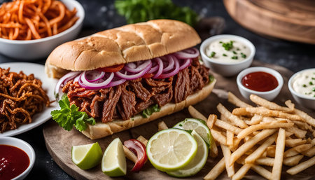 A close-up shot of a delicious pulled pork sandwich, with crispy fries, ketchup, mustard and other sides, served on a wooden board.の写真素材