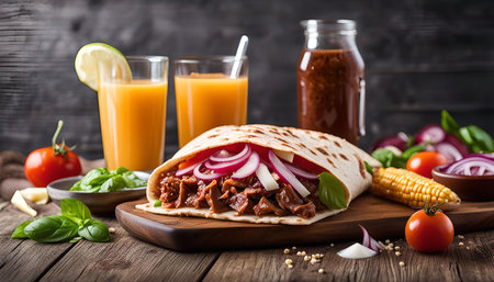 A delicious Mexican Burrito with red onions, basil, tomato and corn on a wooden table. The burrito is wrapped in a tortilla and filled with meat, cheese, and vegetables.の写真素材