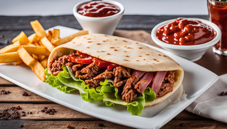 A mouthwatering beef wrap filled with lettuce, tomatoes, and a flavorful sauce, served with crispy French fries. This is the perfect meal for a satisfying and delicious lunch or dinner.の写真素材