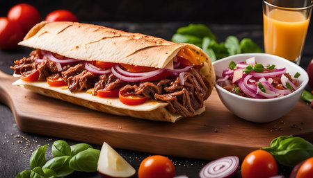 Close up of a delicious pulled pork sandwich on a wooden board with fresh red onion salsa, tomatoes, and basil.の写真素材