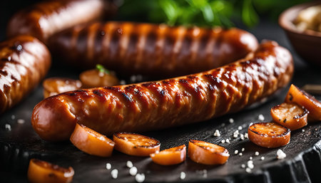 Close-up of a grilled sausage on a black plate with sliced onions. The sausage is crispy and juicy, with a flavorful glaze.の写真素材
