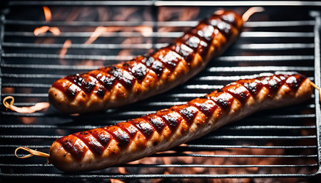 Two grilled sausages on a barbecue grill with flames underneath.の写真素材