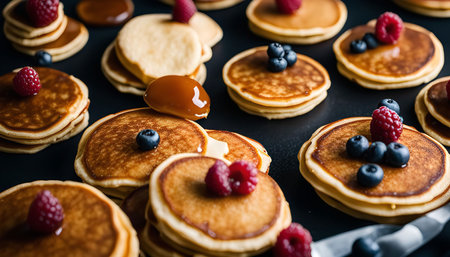 Close-up shot of a plate of delicious pancakes topped with blueberries, raspberries, and a drizzle of golden syrup. The pancakes are stacked high, making for a satisfying and tempting breakfast.の写真素材