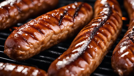 Close up view of sausages sizzling on a grill with char marks, ready for eating.の写真素材