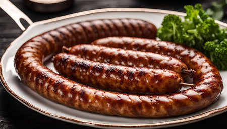 A close-up of three grilled sausages on a white plate, with a side of broccoli. The sausages are browned and have grill marks, and they are arranged in a circular shape.の写真素材