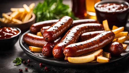A close-up shot of grilled sausages and fries on a plate, ready to be eaten.の写真素材
