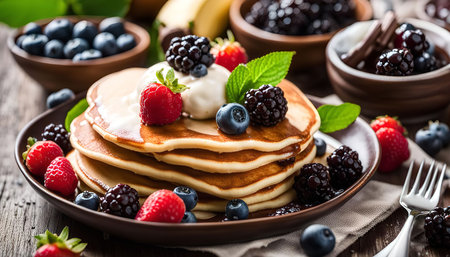 A stack of pancakes topped with whipped cream, blueberries, raspberries, and blackberries on a rustic wooden table.の写真素材