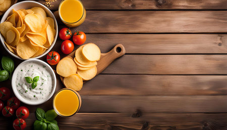 A top view of a rustic wooden table with bowls of chips, tomato, sauce, and orange juice. The table...