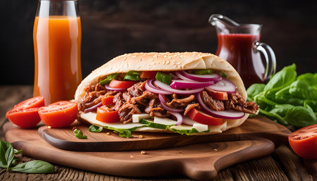 A freshly made pulled pork sandwich loaded with toppings, sitting on a wooden table. A glass of juice and a bottle of sauce are also visible in the background.の写真素材