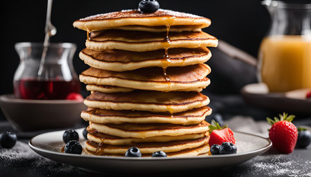 A stack of golden brown pancakes drizzled with syrup and topped with fresh blueberries and strawberries.の写真素材