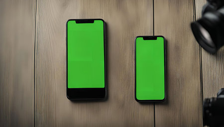 A flat lay image of two smartphones with green screens on a wooden table, alongside a camera. The image is ideal for showcasing app designs or digital content.の写真素材