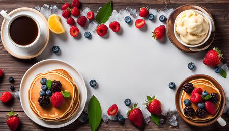 A delicious breakfast of pancakes topped with fresh berries and a scoop of vanilla ice cream. The pancakes are arranged on a plate with a cup of coffee and a lemon slice nearby.の写真素材