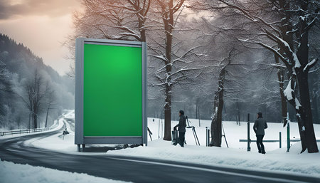 A green billboard stands along a snowy forest road, with two figures walking in the distance. The sky is overcast, creating a serene and tranquil atmosphere.の写真素材