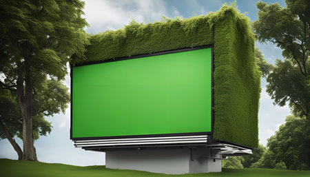 A 3D rendered image of a green billboard covered in vegetation, showing an empty screen with potential for advertising in a natural setting.の写真素材
