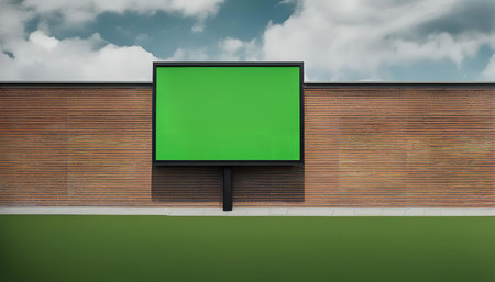 A mockup of a green screen billboard against a wall with grass in front.の写真素材