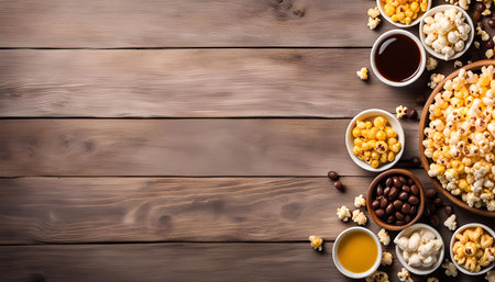 Overhead shot of popcorn and various toppings arranged on a wooden background. Perfect for movie night or snacking.の写真素材