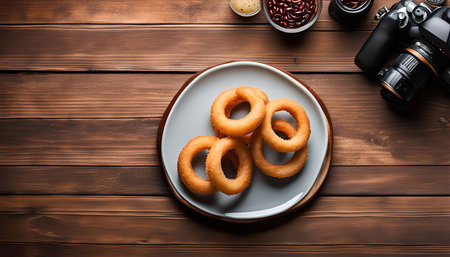Close up view of onion rings on a white plate, shot from above on a wooden table. The dish is surrounded by a camera, red beans, and a small dish with sauce.の写真素材