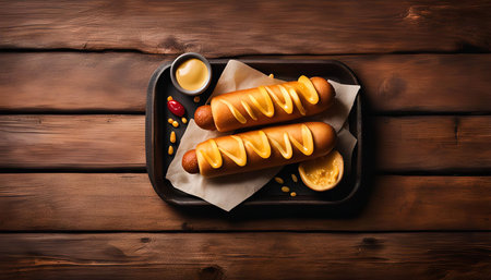 Two hot dogs with mustard on a plate, top view.の写真素材