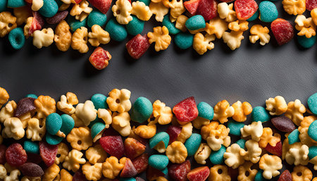 A colorful mix of snacks on a gray background. This image shows a variety of snacks including...