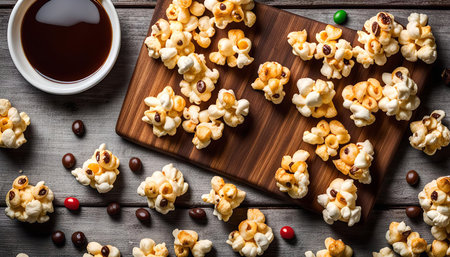 A close-up of a delicious looking caramel popcorn with chocolate and drizzle on a wooden cutting board.の写真素材