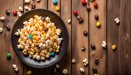 A plate of popcorn with scattered candy on a wooden table.の写真素材