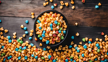 A black bowl filled with colorful popcorn sits on a wooden table. The popcorn is a mix of caramel corn, candy, and popcorn kernels. The background is a dark brown wooden surface.の写真素材
