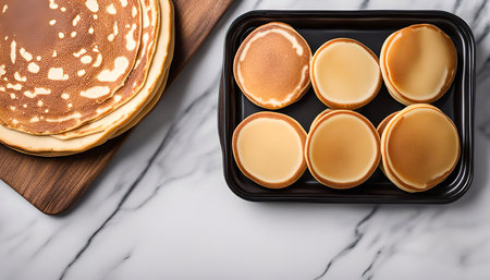 A stack of freshly made pancakes and a plate of smaller pancakes ready to be enjoyed.の写真素材