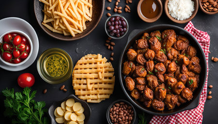 A variety of fried snacks and sides arranged on a black background. The main focus is a skillet of fried dough balls, and the image is filled with various other sides like French fries, cheese, and tomatoes.の写真素材